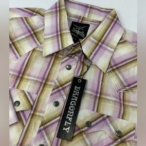 NWT DRAGONFLY Mens Sz L Metal Pearl Snap Western Style Plaid Shirt R8